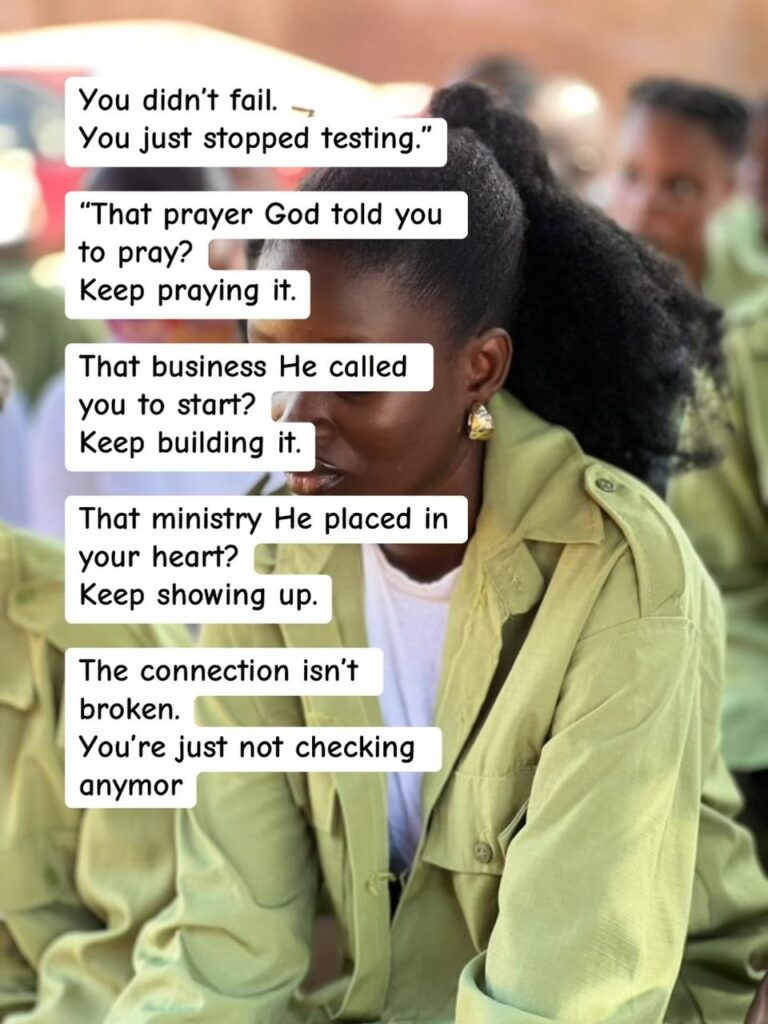 Close-up of a Nigerian corps member in khaki uniform, reflecting on faith lessons and not giving up too soon