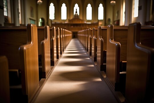 Empty church pew with soft light coming through a window, quiet and still