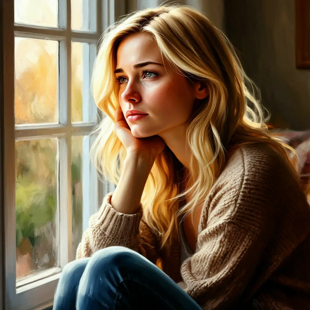 Young woman sitting by a window journaling and looking thoughtful, representing a young adult trusting God during hard times