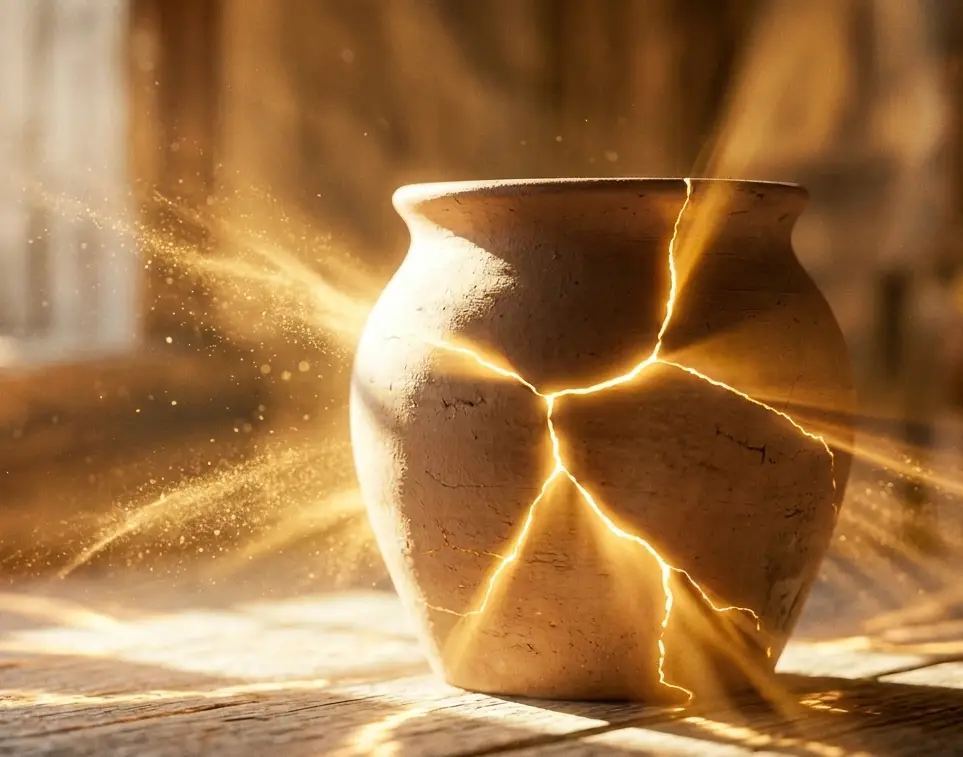 A cracked clay jar in sunlight representing God using broken vessels.