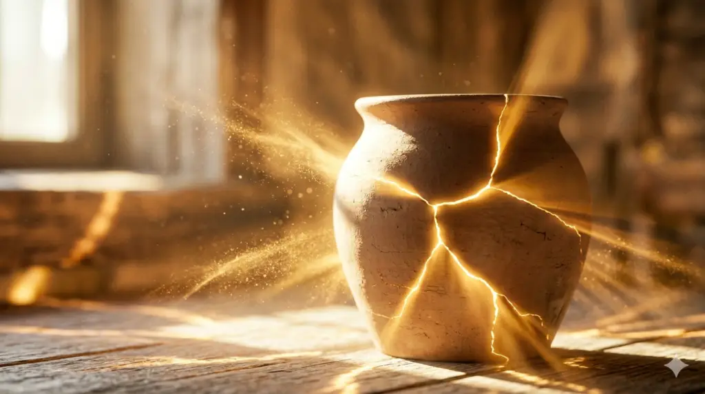 A cracked clay jar in sunlight representing God using broken vessels.