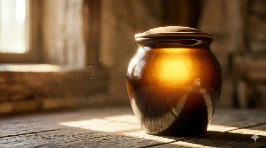 A dark, glazed ceramic jar with a fitted lid, perfectly sealed, containing an intense, contained golden glow. The flawless pot rests on a weathered wooden plank surface within a rustic, sun-dappled interior, symbolizing contained potential and hidden spiritual treasure.